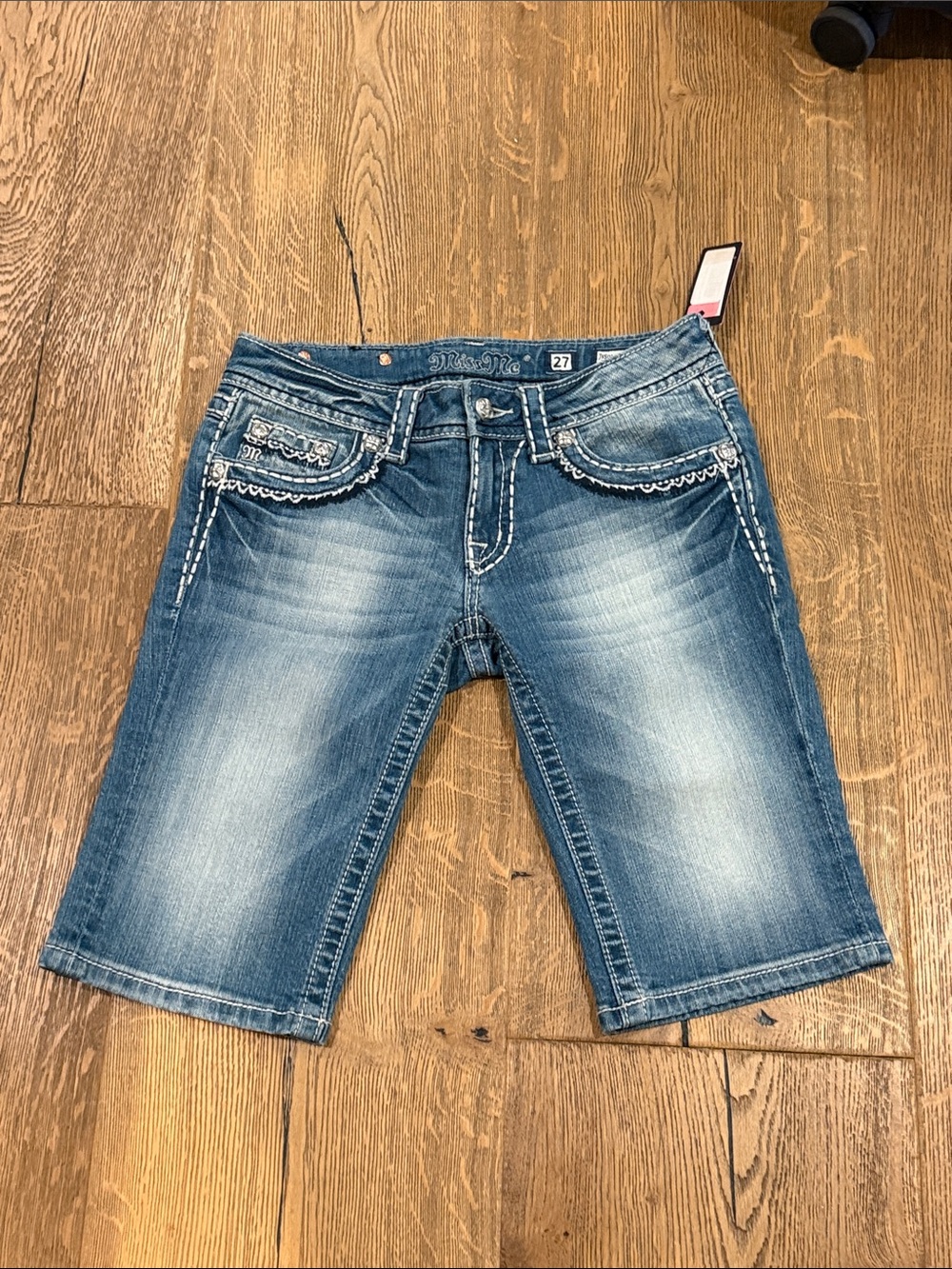 Miss Me Blue Washed Denim Bermuda Shorts with Embroidered Pockets 27 NWT